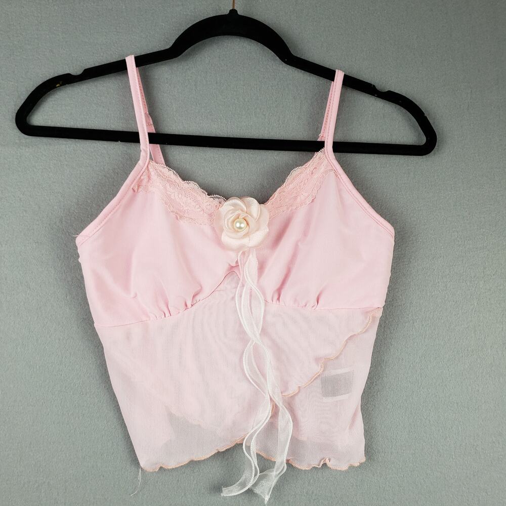 Lace Trim Ruffled Coquette Cami Tank‎ Top Pastel Pink Romantic Angelcore Size M
